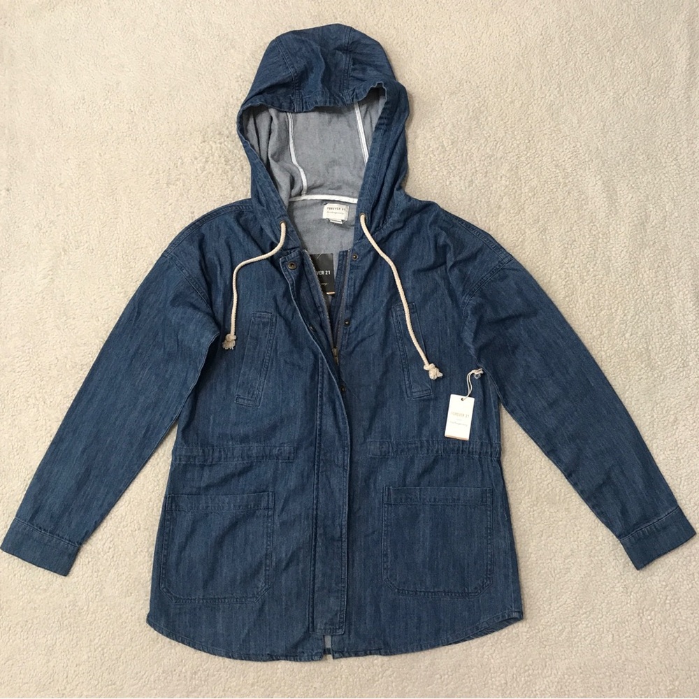 SOLD Forever 21 Denim Hoodie Jacket Oversized Parka Blue Pit to Pit 21β Size XS - Picture 3 of 16